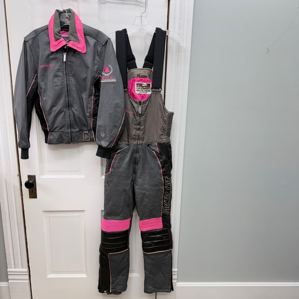 Vintage Arctic Cat Leather Snowsuit snowmobile Jacket Bibs Grey Pink Women Small